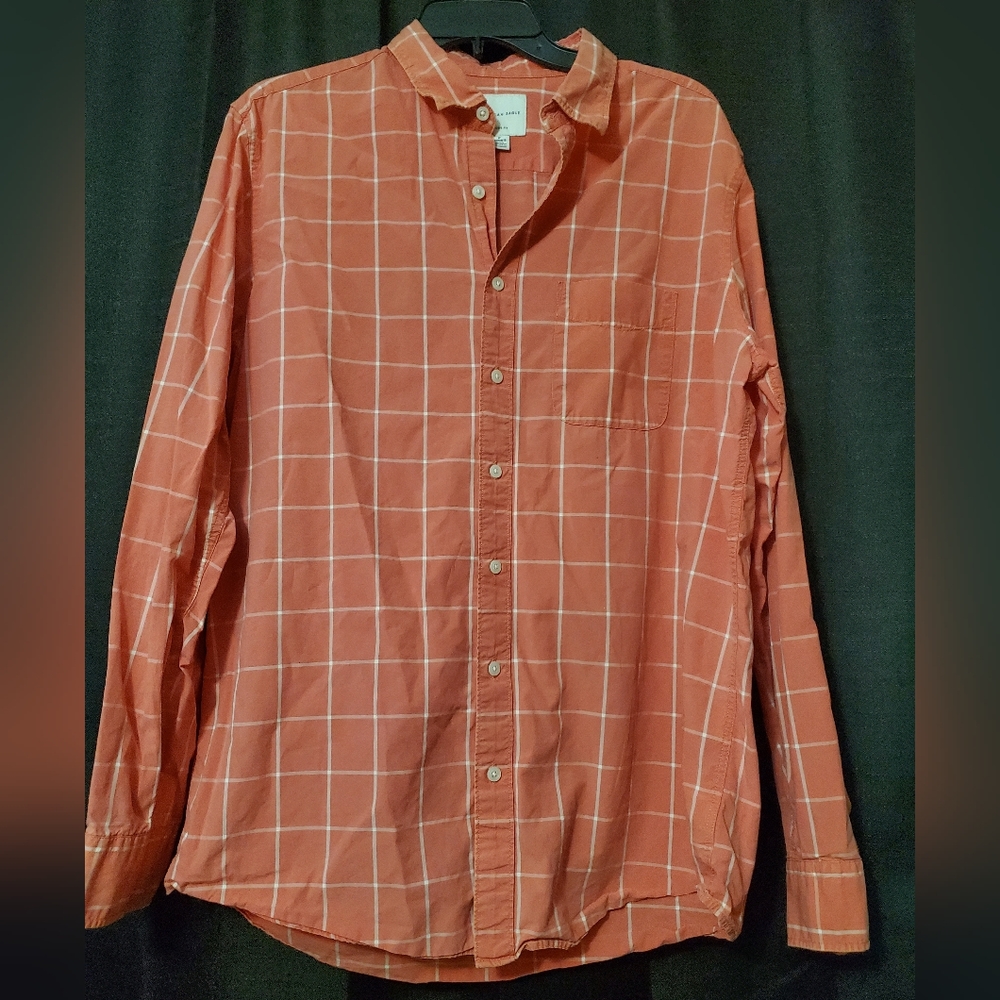 Mens Tall Button down coral white striped long sleeve shirt American Eagle